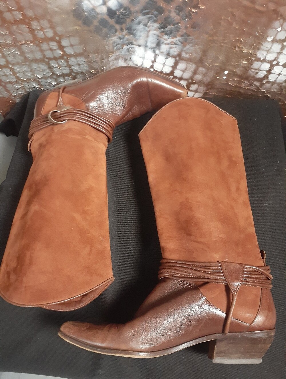 Vintage Via Spiga Two-Tone Leather And Suede Brown Western Boot with Wrap Strap - Picture 5 of 16